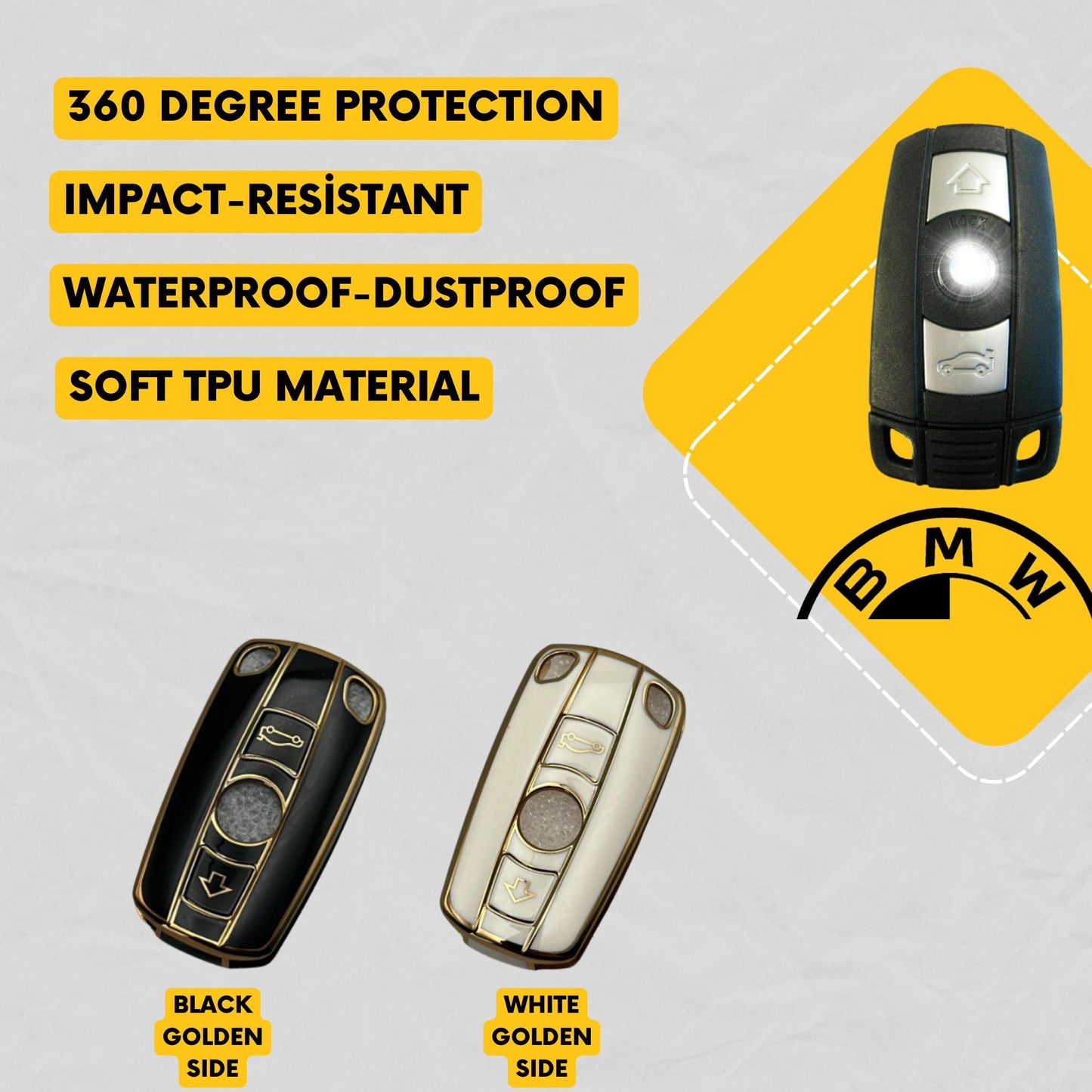 BMW 3-Button Key Fob Cover for 3, 5, 6 Series, X3, X5 - Tpu Smart Key Case
