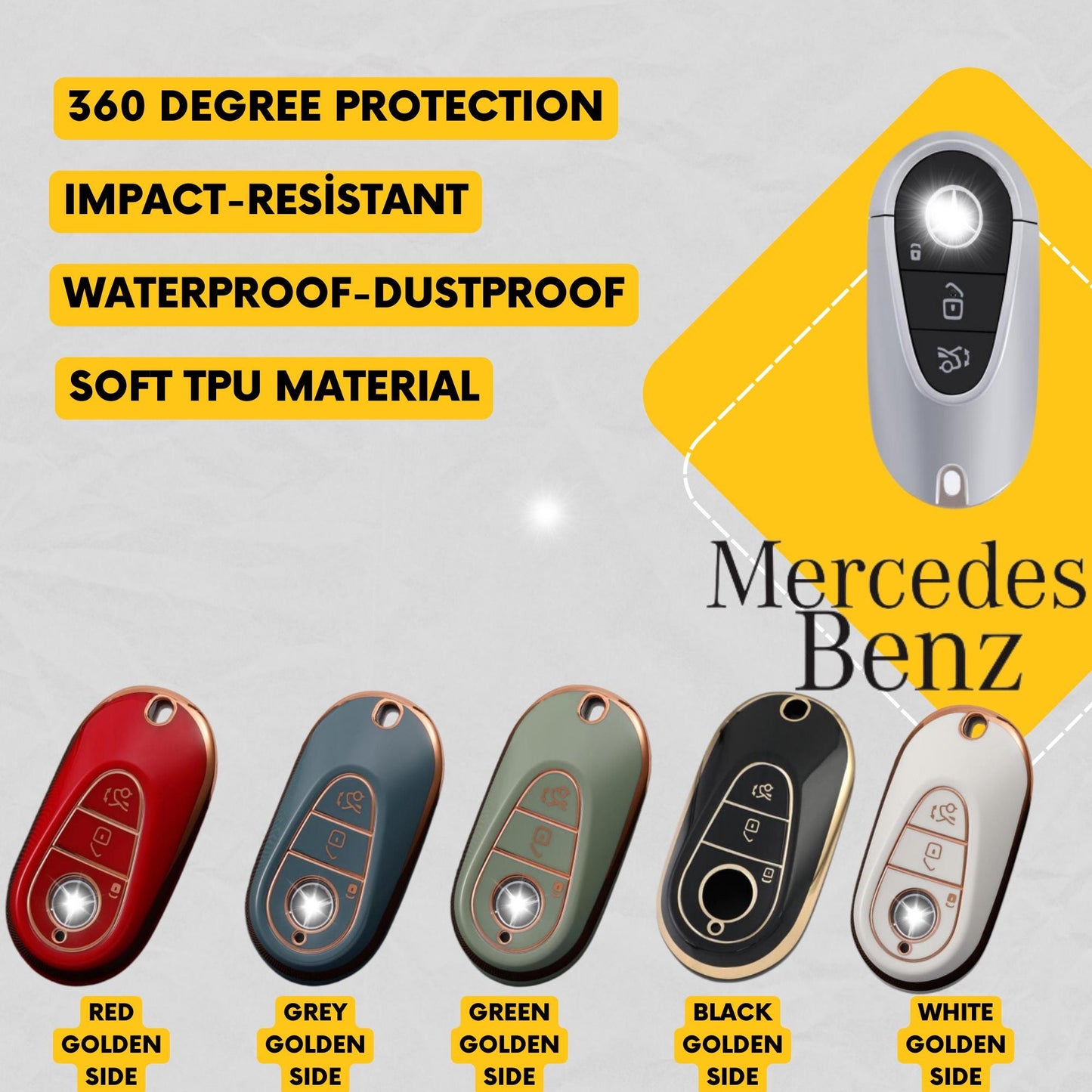MERCEDES BENZ 3-Button Key Fob Cover for 300, C, E, S, G, M, R, SL, Sprinter - Tpu Remote Case