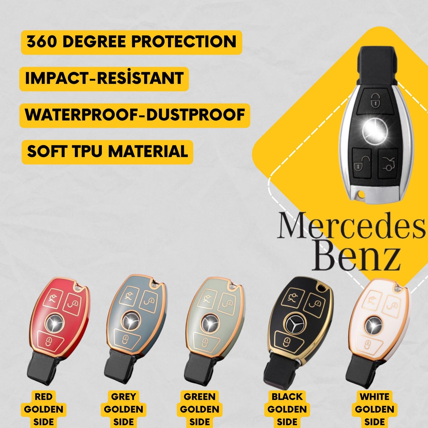 MERCEDES BENZ 3-Button Key Fob Cover for 300, C, E, S, G, M, R, SL, Sprinter - Tpu Remote Case