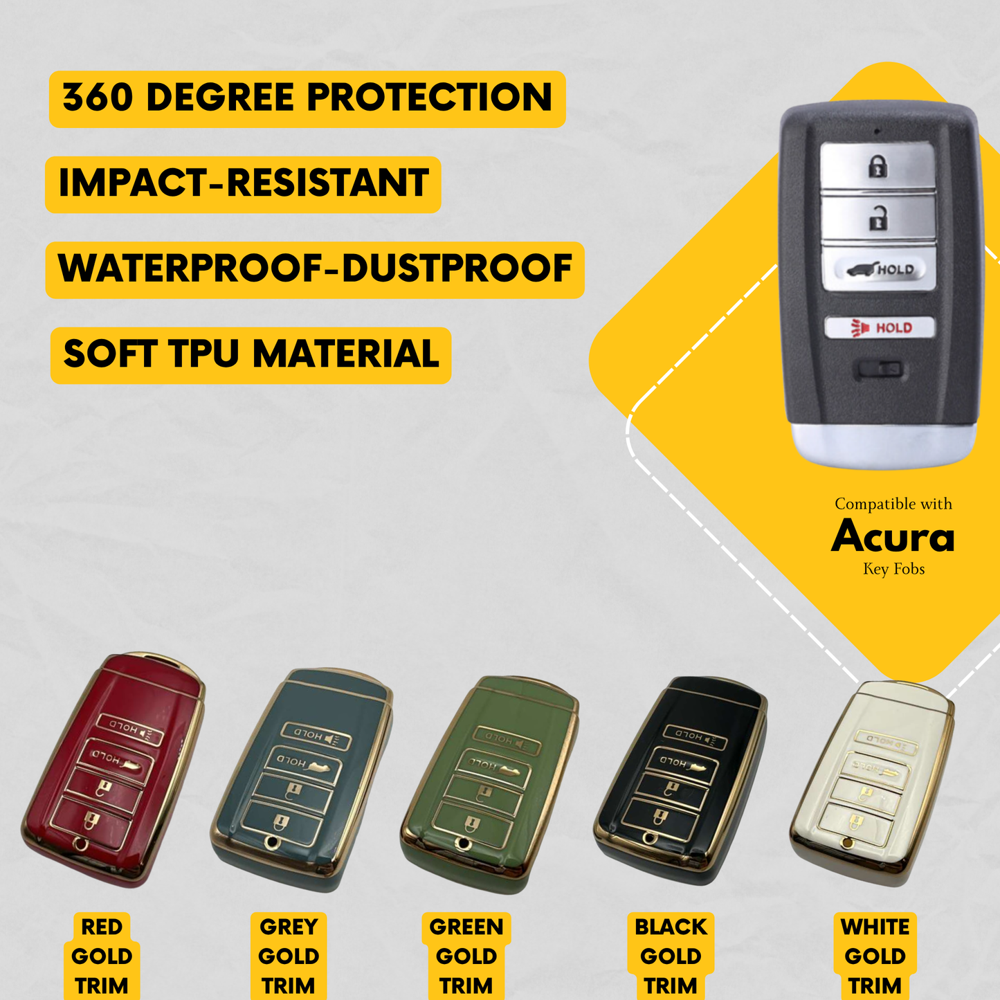 4-Button Silicone Key Fob Cover Compatible with Acura ILX TLX RDX MDX RLX | TPU Smart Key Case | Aftermarket Accessory