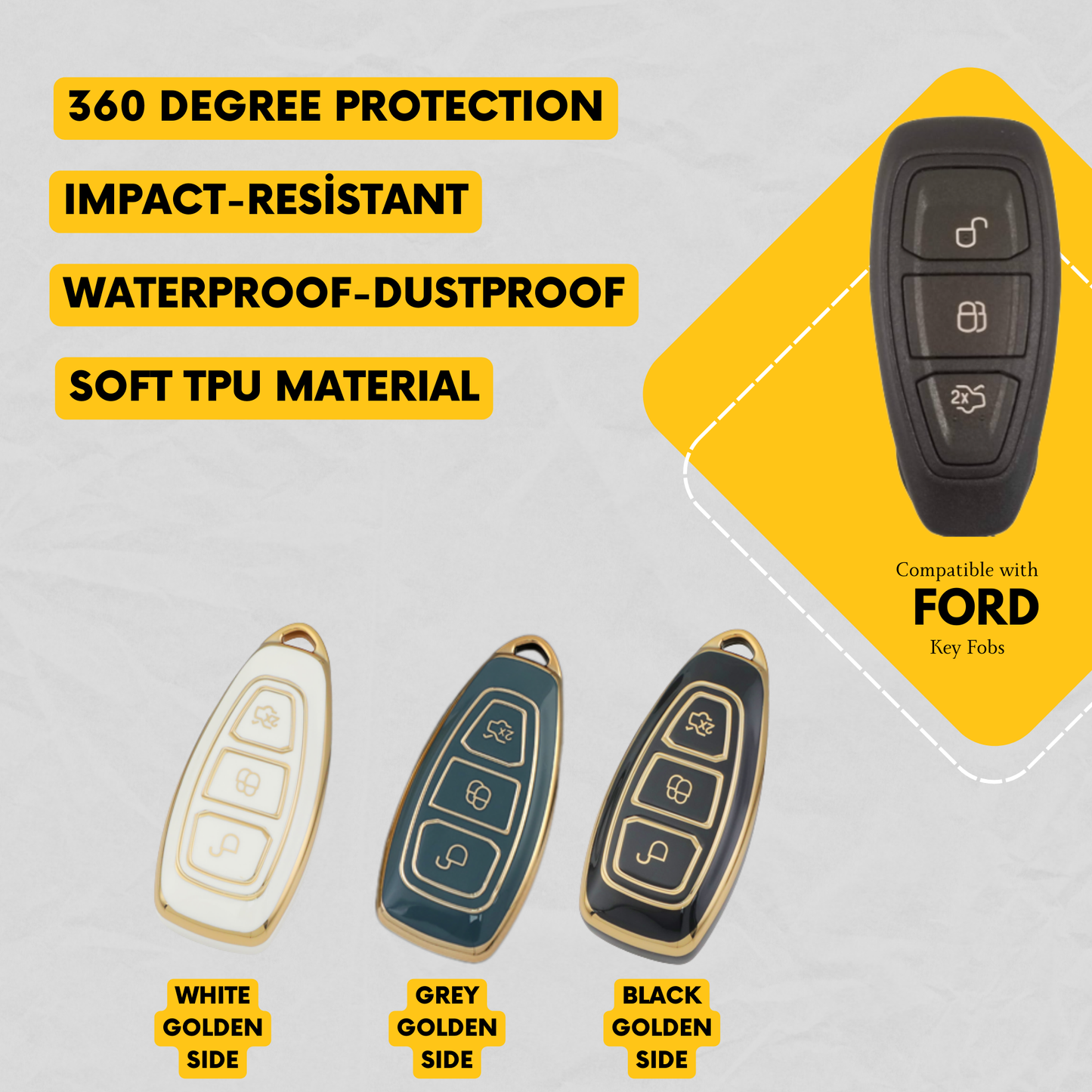 FORD 3-Button Key Fob Cover for Focus, C-Max, Fiesta - Tpu Remote Case