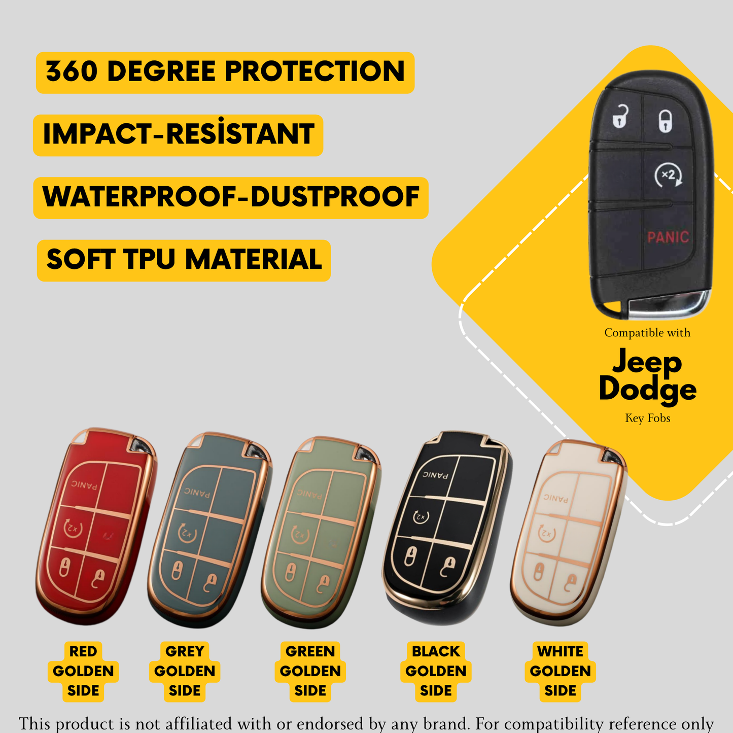 JEEP DODGE Compatible 4-Button Key Fob Cover for Cherokee, Grand Cherokee, Durango, Journey - TPU Case (Copy)