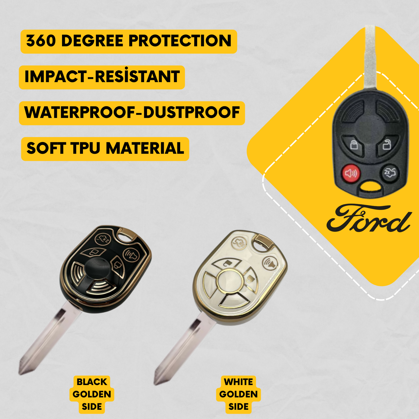 FORD 4-Button Key Fob Cover for Fusion, Edge, Flex, Focus, Escape, Taurus, Mustang - Tpu Smart Case