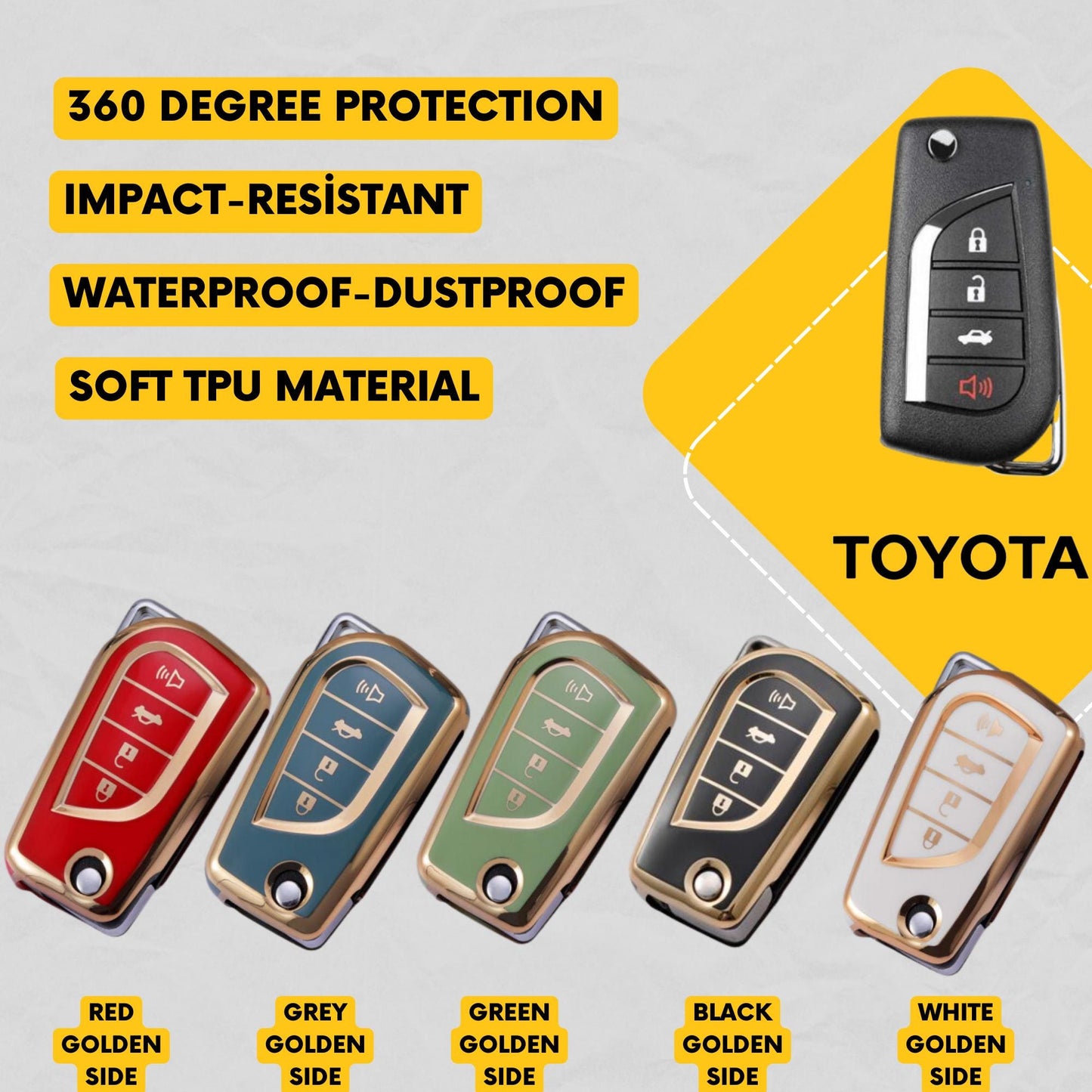 TOYOTA 4-Button Flip Key Fob Cover for Camry, Corolla - Tpu 360