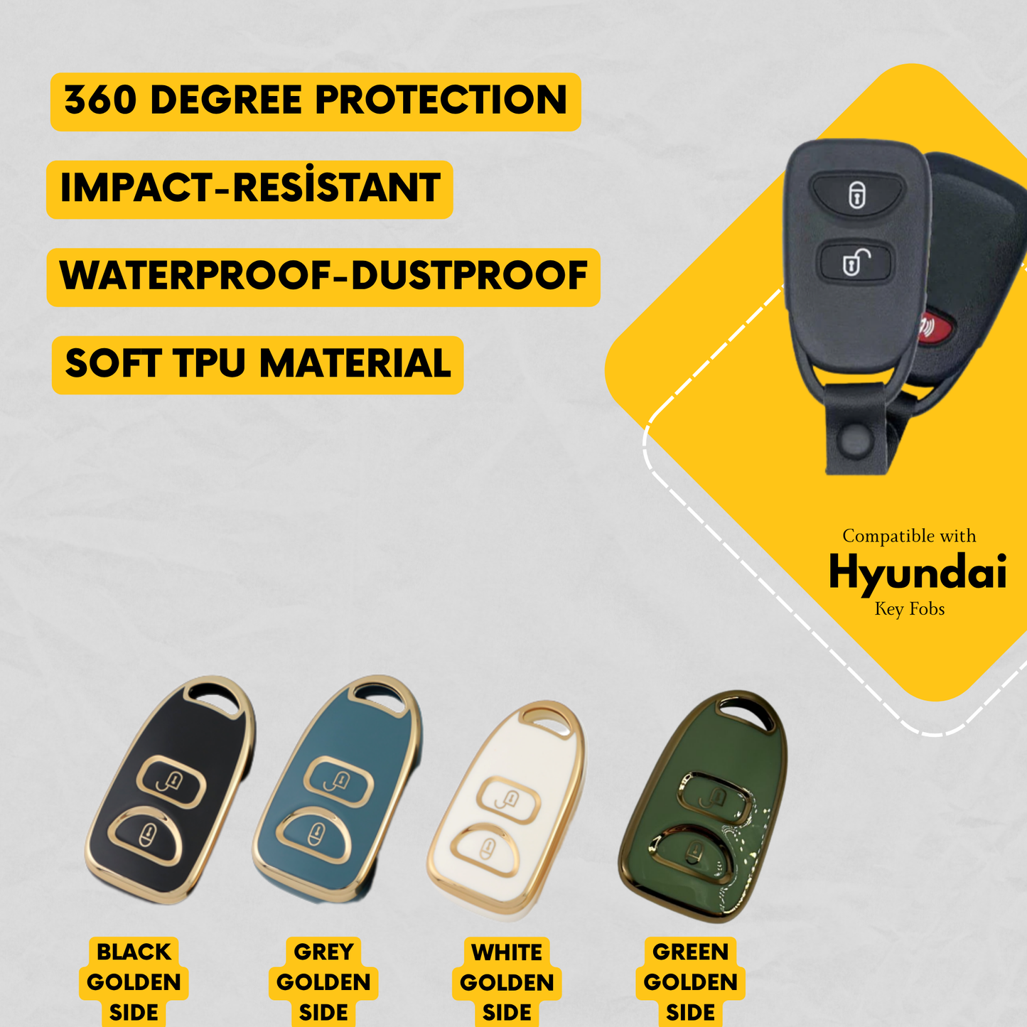 HYUNDAI 3-Button Key Fob Cover for for Elantra, Sonata, Veloster - Tpu Remote Case