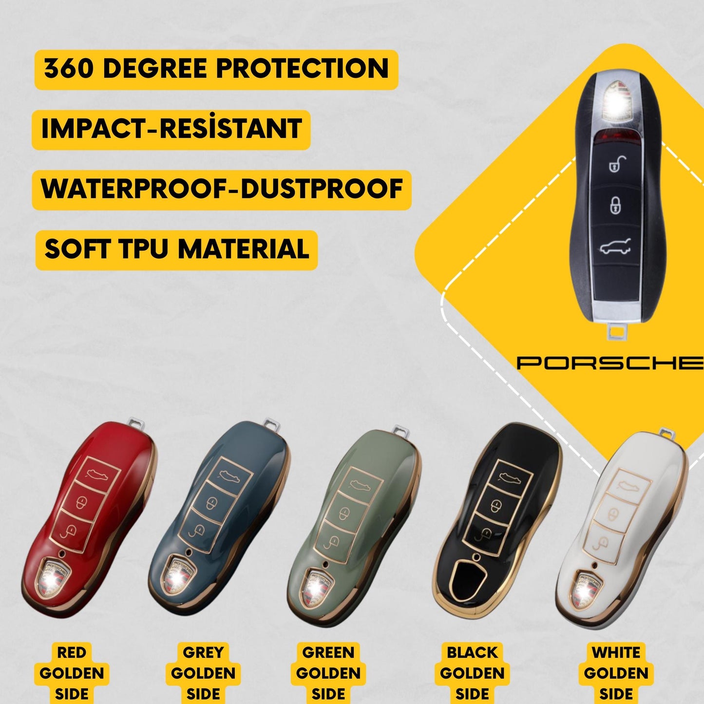 PORSCHE 3-Button Key Fob Cover for 911, Boxster, Cayenne, Cayman, Macan, Panamera - Tpu Smart Case